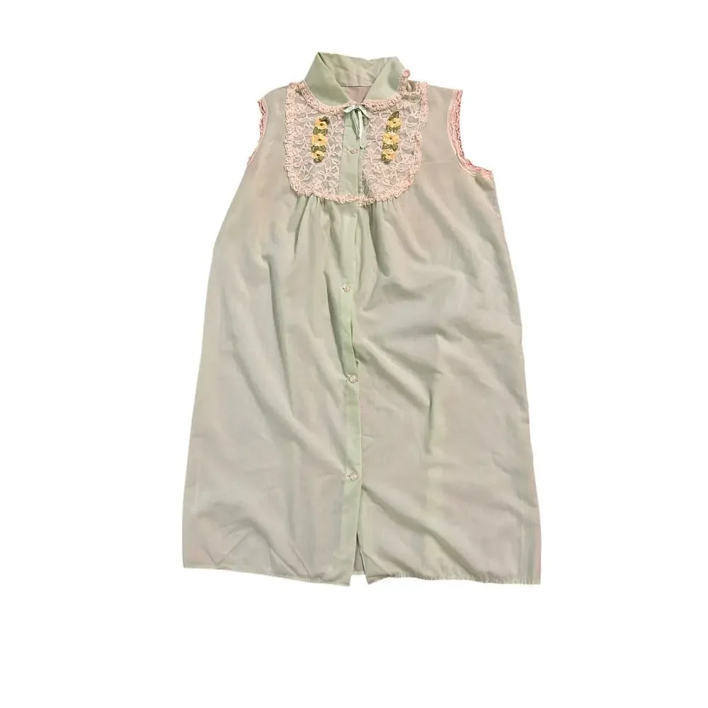 Vintage 1960s Mint Green Lace Cotton Nightgown Embroidered Floral Large -